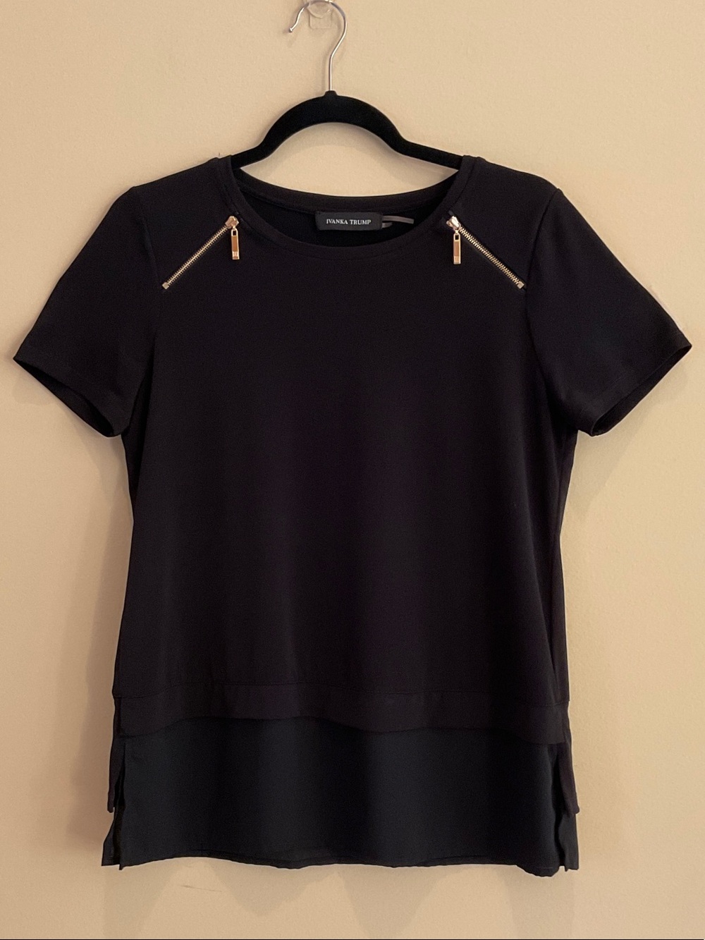 Ivanka Trump Black Short-Sleeve Top with Gold Zippers